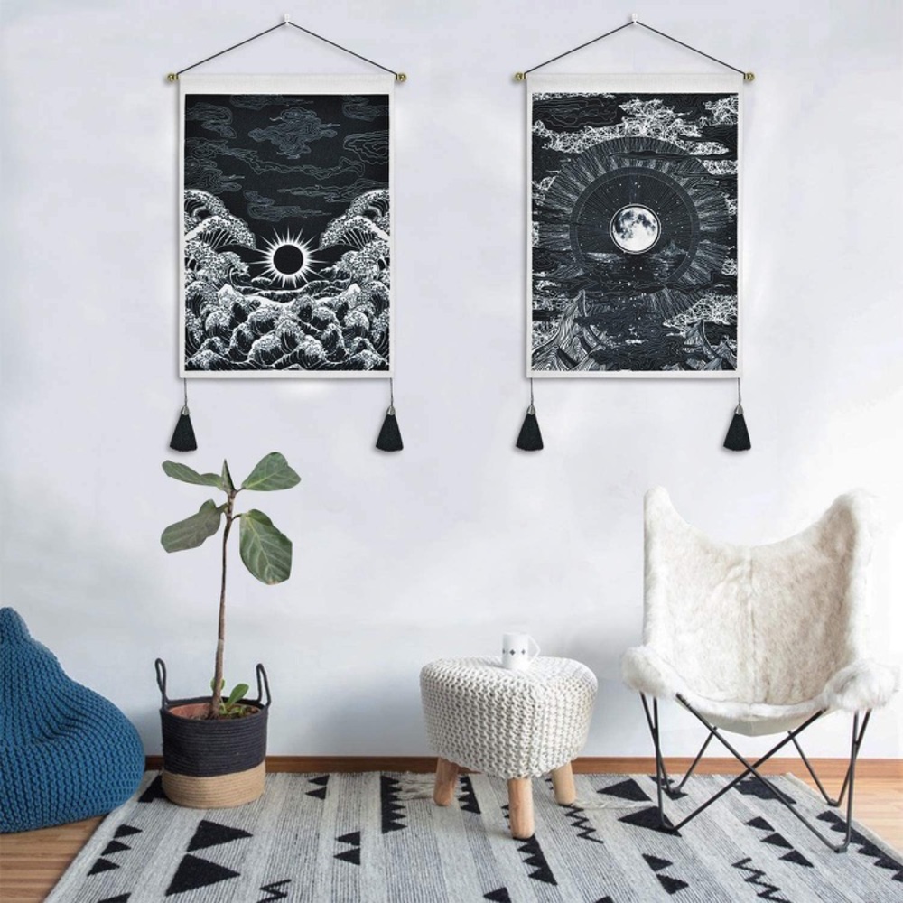 Rustic Japanese Ocean/Mountain Black White Vintage Modern Tapestry Room Decor